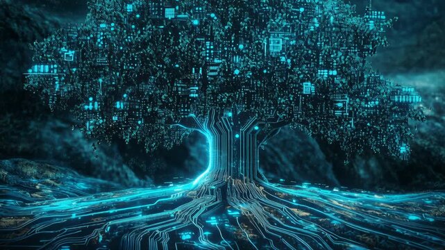 Futuristic digital tree with integrated circuit patterns as branches, symbolic of technology in harmony with nature,