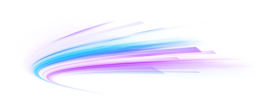 Neon laser purple and violet lines swirl through city road, highway trail. Light motion wave futuristic energy speed traffic, glowing blue tail on white background. Vector illustration png.