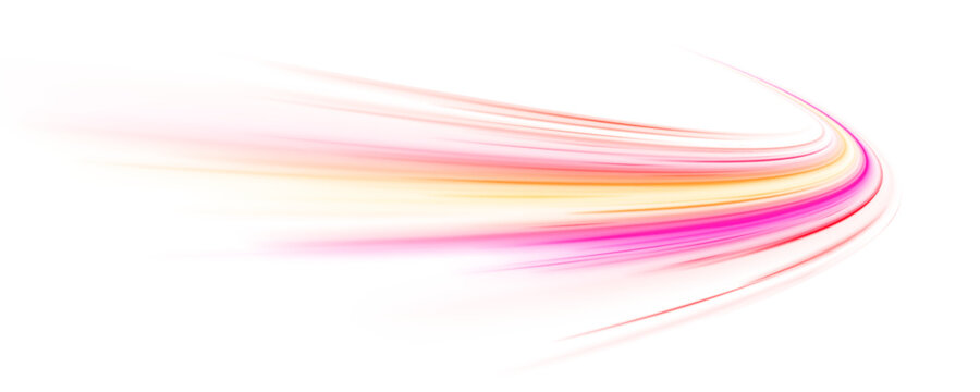 Neon laser speed lines swirl along city road, highway trail. Violet light wave builds motion energy traffic, futuristic glowing orange, purple tail on white background. Vector illustration png.