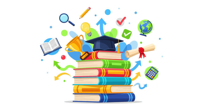 Education and Knowledge Concept: Stack of Books, Graduation Cap, Trophy, Scroll, Globe, Magnifying Glass