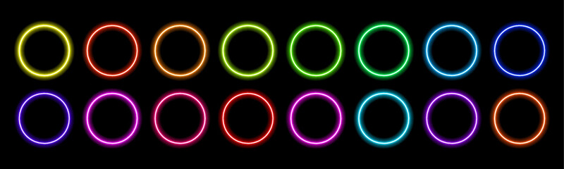 Gradient neon circle frames set. Glowing borders isolated on a dark background. Colorful night electric banner, vector light effect. Bright illuminated shape. © Mirotvoric