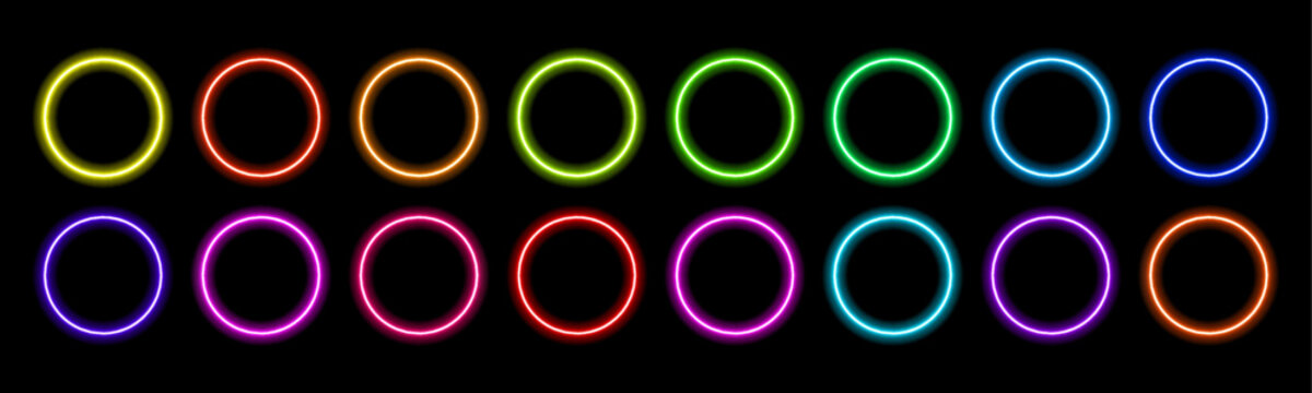 Gradient neon circle frames set. Glowing borders isolated on a dark background. Colorful night electric banner, vector light effect. Bright illuminated shape.