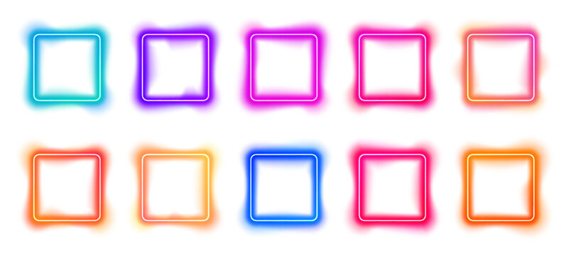 Neon square collection. Futuristic neon lights. Color glowing frames. Shiny light effects. Square electric LED frame with gradient and glow borders. Futuristic box layout in PNG. Vector illustration.