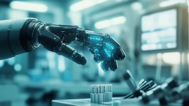 gloved hand holographic circuitry on bench, researcher in white coat reaches toward electronic components and test vessels, blue neon illumination casts