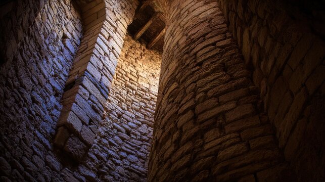 squinch. Interior of a round stone tower, corner where masonry walls curve inward to support the ceiling. real-estate listings.