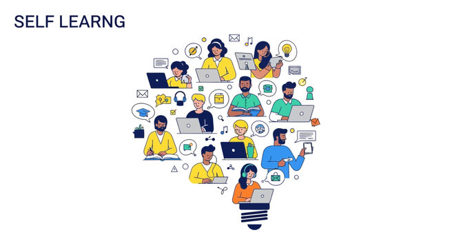 Diverse group of people learning online within a light bulb shape, representing self-education and knowledge.