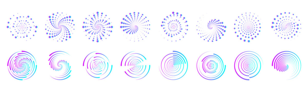 Abstract circle halftone with dotted rings, round geometric forms, logo and pop art gradient texture. Spray dot effect adds dynamic motion. Dotted color frame. Half tones vector design element. 