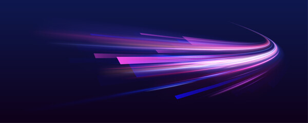 Violet light wave, tail energy speed, while blue glow, purple trail create swirl motion. Futuristic neon laser motion line city highway, road traffic in dark atmosphere. Vector illustration. © Mirotvoric