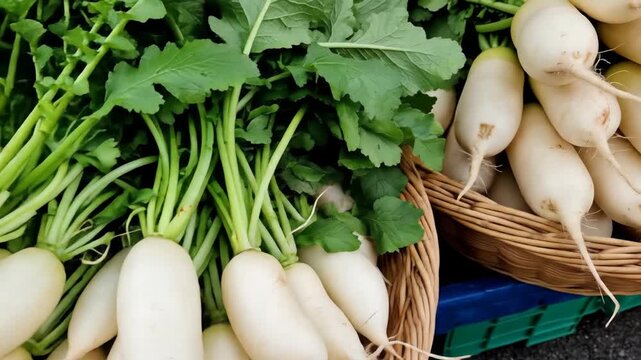 Fresh white radishes and herbs at a vibrant market display.
