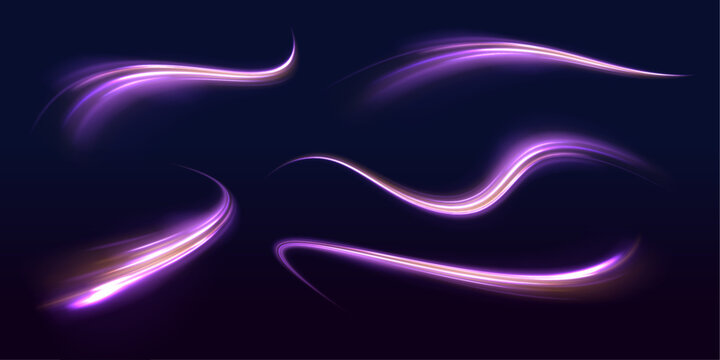 Futuristic neon laser speed lines cross city highway, road traffic in dark space. Purple light motion shapes energy, while blue wave, violet trail build glowing swirl direction. Vector illustration.