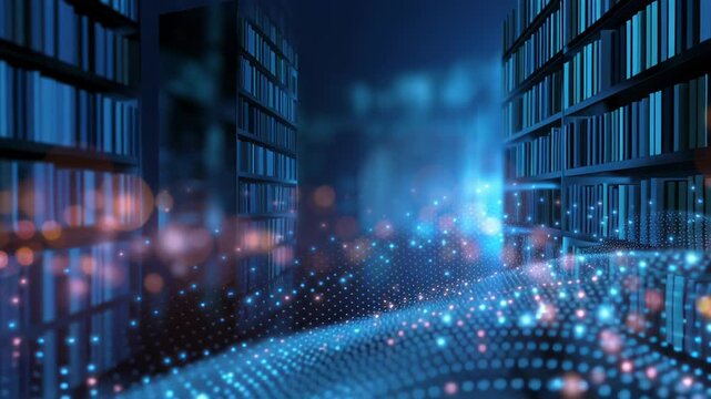 bookshelves in library, modern library with digital catalog