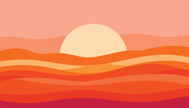 Sunset occurs over sandy dunes landscape with vibrant orange hues and a large sun