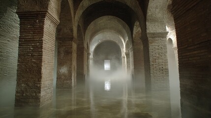 Fototapeta premium bathhouse. Steamy Roman bathhouse interior with arched corridors and soft light on water. real-estate listings.