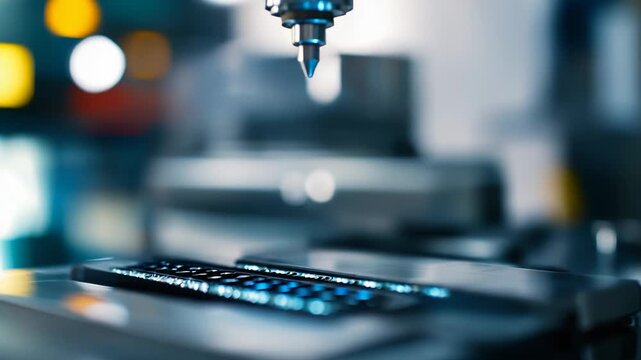 Automated optic instrument performing precise measurement and quality inspection on a circuit board. Symbolizing innovation. Precision engineering. And cutting edge technology in industrial processes