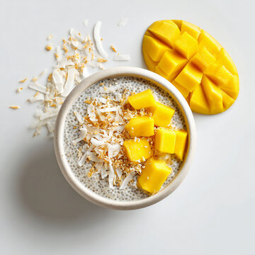 Organic chia pudding topped with mango and coconut shavings, tropical overhead shot on white background