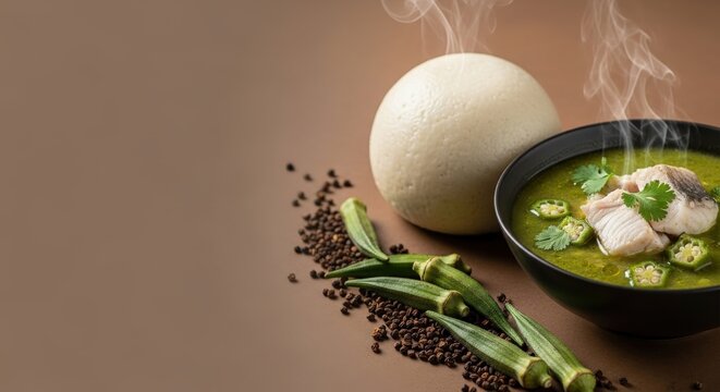 Authentic Northern Ghanaian Tuo Zaafi with Okra Soup and Fish - Offset Layout with Earth-Toned Copyspace for Body Copy