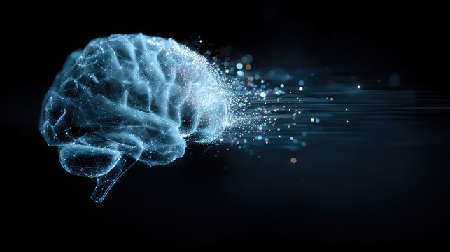 Abstract Digital Representation of a Brain with Particles Emanating in an Artistic Display of Cognitive Function and Neural Activity against a Dark Background