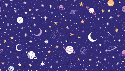 Naklejka premium The cosmic scene depicts various celestial bodies floating in a starry night sky with planets, moons, and stars.