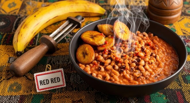 Authentic Ghanaian Red Red Bean Stew with Fried Plantains and Steam - Traditional Black-Eyed Peas on Kente Cloth with Gye Nyame Symbol