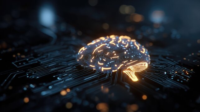 Futuristic Concept of a Human Brain Interconnected with Digital Circuitry, Representing Artificial Intelligence and Advanced Technology in a Glowing Cybernetic Atmosphere