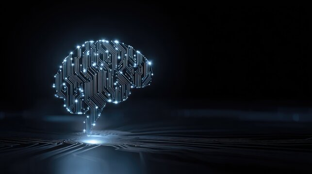 Futuristic Digital Brain Concept with Circuit Board Design Illuminated by Blue Lights Against a Dark Background