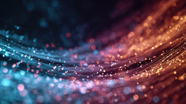 Abstract colorful waves of light flowing gracefully with vibrant particles in a captivating display of digital energy and movement against a dark background