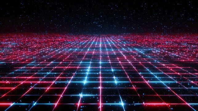 Futuristic Digital Grid Landscape with Neon Lights and Starry Sky Creating an Immersive Sci-Fi Atmosphere for Various Creative Projects and Designs