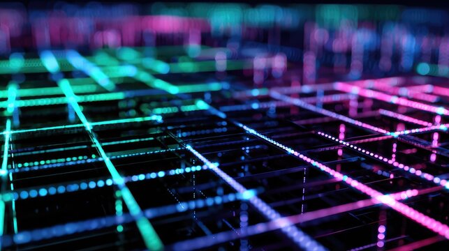 Abstract digital background featuring vibrant neon grid lines in blue, green, and pink colors creating a futuristic tech-inspired design with depth and dimension.