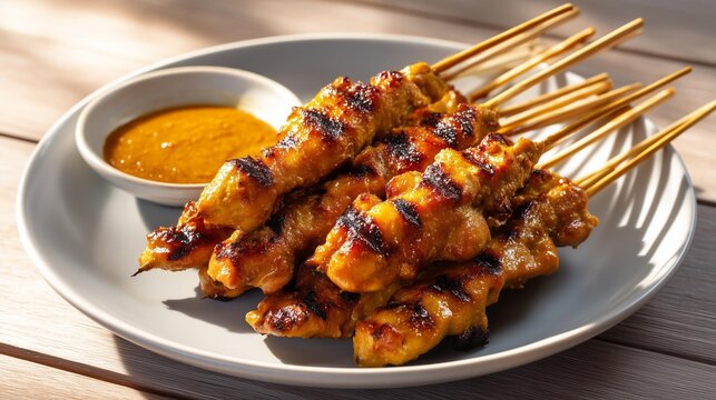 Pile of grilled chicken satay skewers served with spicy peanut dipping sauce on wooden table for Asian appetizer