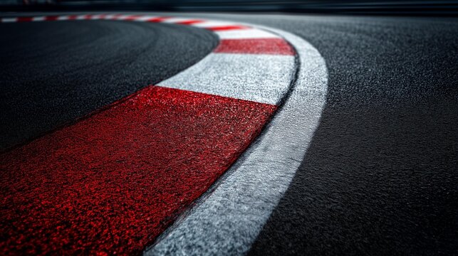 Low angle view of a race track curve with red and white rumble strips on asphalt for automotive and motorsport competition usage
