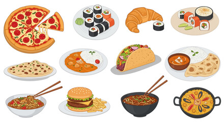 Diverse International Food Platter: Pizza, Sushi, Tacos, Noodles, Curry, Burger, Croissant © Wild