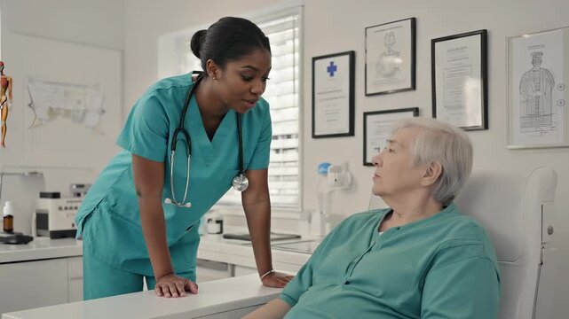 Nurse explaining lifestyle recommendations to senior patient in community healthcare room. Preventive health education concept