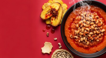 Fototapeta premium Gourmet Ghanaian Red Red Bean Stew with Fried Plantains and Steam - Offset Layout with Rich Red Copyspace for Captions
