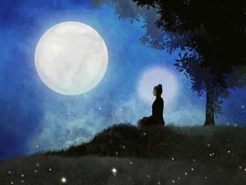 A digital painting depicting the Buddha meditating under a tree in a forest on a full moon night, conveying a sense of peace and tranquility.