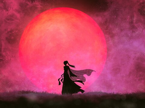 An imaginative digital painting in pink tones, "Daughter of Mars," conveys a sense of calm strength and peace.