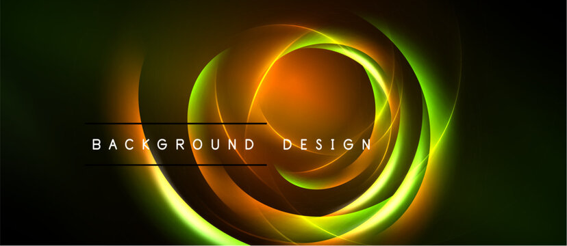 Abstract neon swirls, vibrant orange, green hues. Dark background emphasizes glowing circular design. Text reads background design.