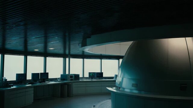 Futuristic control room interior with multiple computer monitors, sophisticated equipment, and a large central dome, creating an atmosphere of advanced scientific operations and innovation