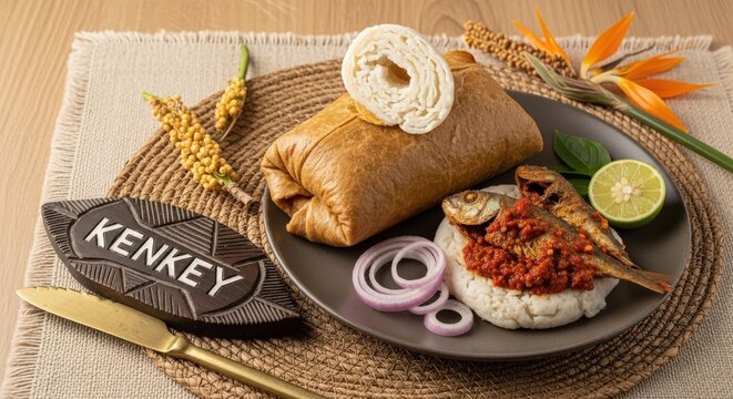 Authentic Ghanaian Kenkey with Fried Fish and Pepper Sauce - Traditional Fermented Maize Dough on Kente Mat with Odum Plaque