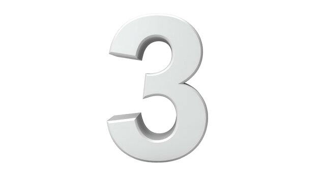 A large, 3D rendered, glossy white number three floats against a stark black background. It has subtle shading for depth