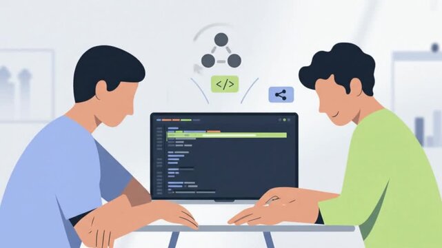 Two cartoon-style male developers actively collaborate on a software project