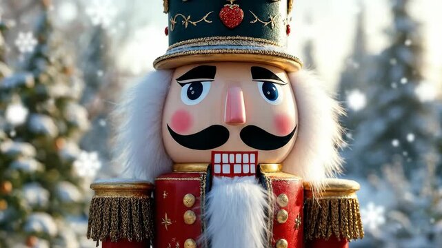 A joyful nutcracker toy standing in a snowy festive scene.