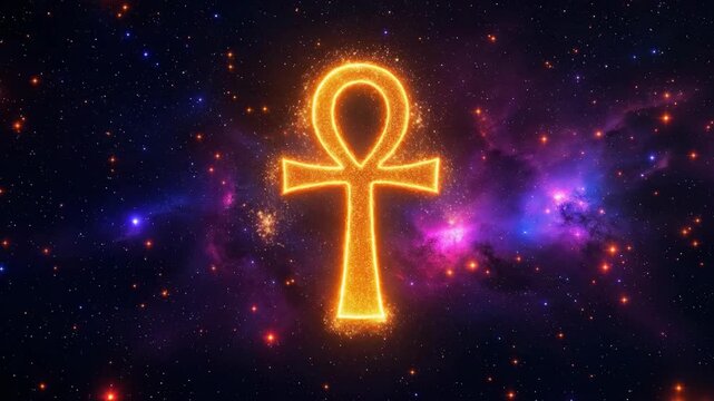 A glowing ankh symbol embedded in a vibrant cosmic backdrop.