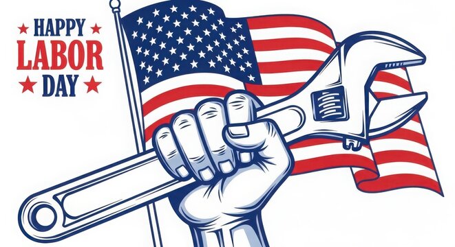 Happy labor day celebration with american flag and hand holding wrench