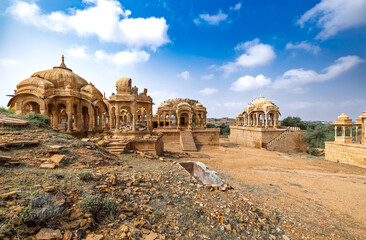 Naklejka premium Golden sandstone cenotaphs of Bada Bagh in Jaisalmer.