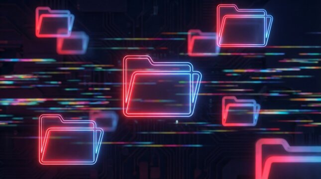 Multiple vibrant, glowing neon folder icons float dynamically across a dark, abstract background traversed by glowing data lines, symbolizing decentralized digital storage.