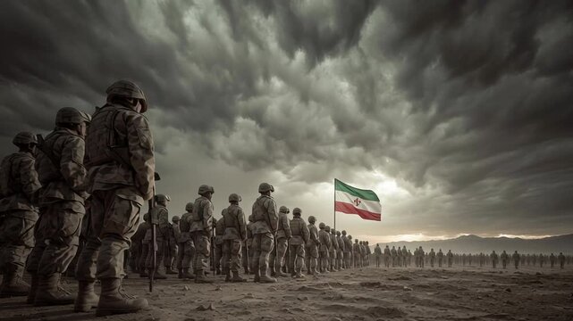 iran war soldiers military flag concept, group of soldiers standing in formation with national flag waving behind them, dramatic sky, cinematic wide angle, serious geopolitical editorial style