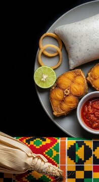 Gourmet Ghanaian Kenkey with Fried Fish and Pepper Sauce - Medium Format Offset Layout with Deep Negative Space