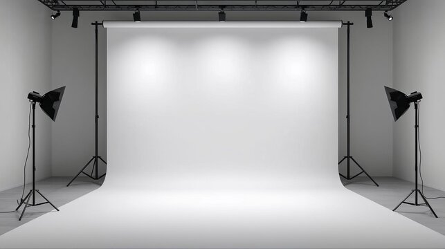 Empty Photo Studio with White Backdrop and Professional Lighting Equipment