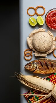 Gourmet Ghanaian Kenkey with Fried Fish and Pepper Sauce - Medium Format Offset Layout with Deep Negative Space