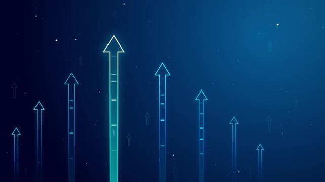 Rising digital arrows illustrating business progress and technological advancement in a futuristic blue abstract environment